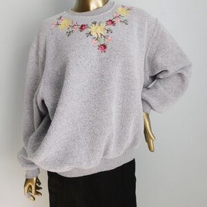 Vintage Bon Worth Gray Sweatshirt with Embroidered Floral Details Size Small